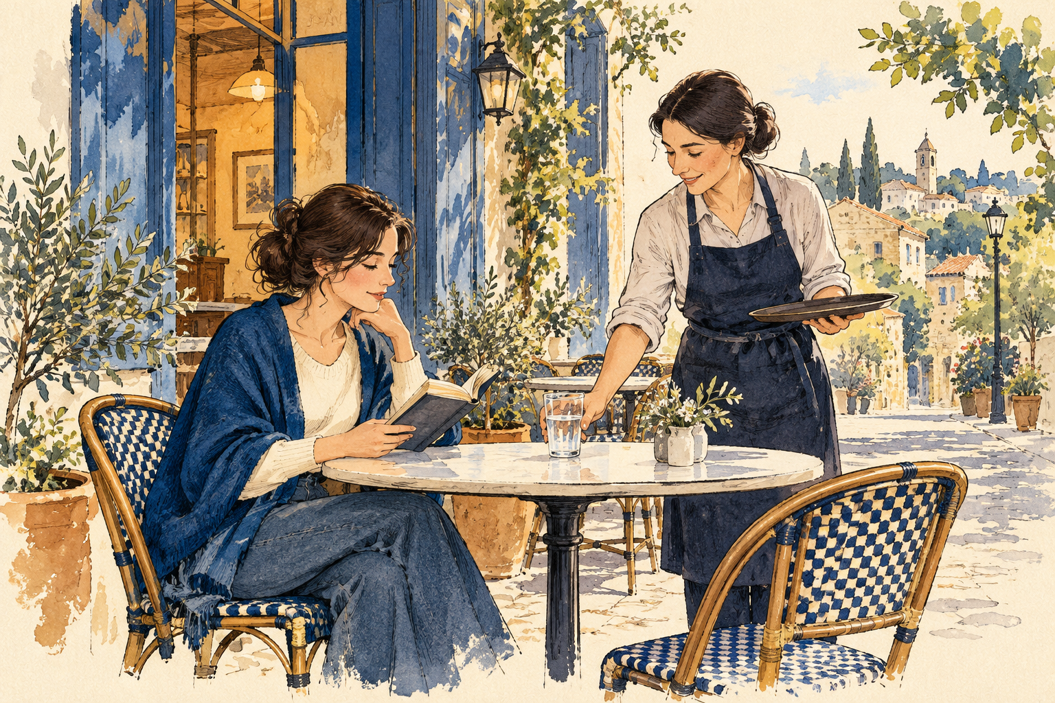 Ilustración de una persona leyendo en una cafetería mientras le sirven un vaso de agua